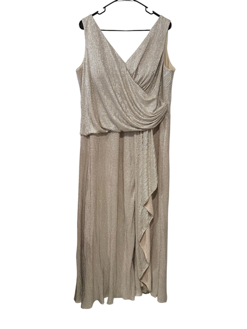 Oleg Cassini 20W Champagne Metallic Draped Formal Evening Gown Plus Size